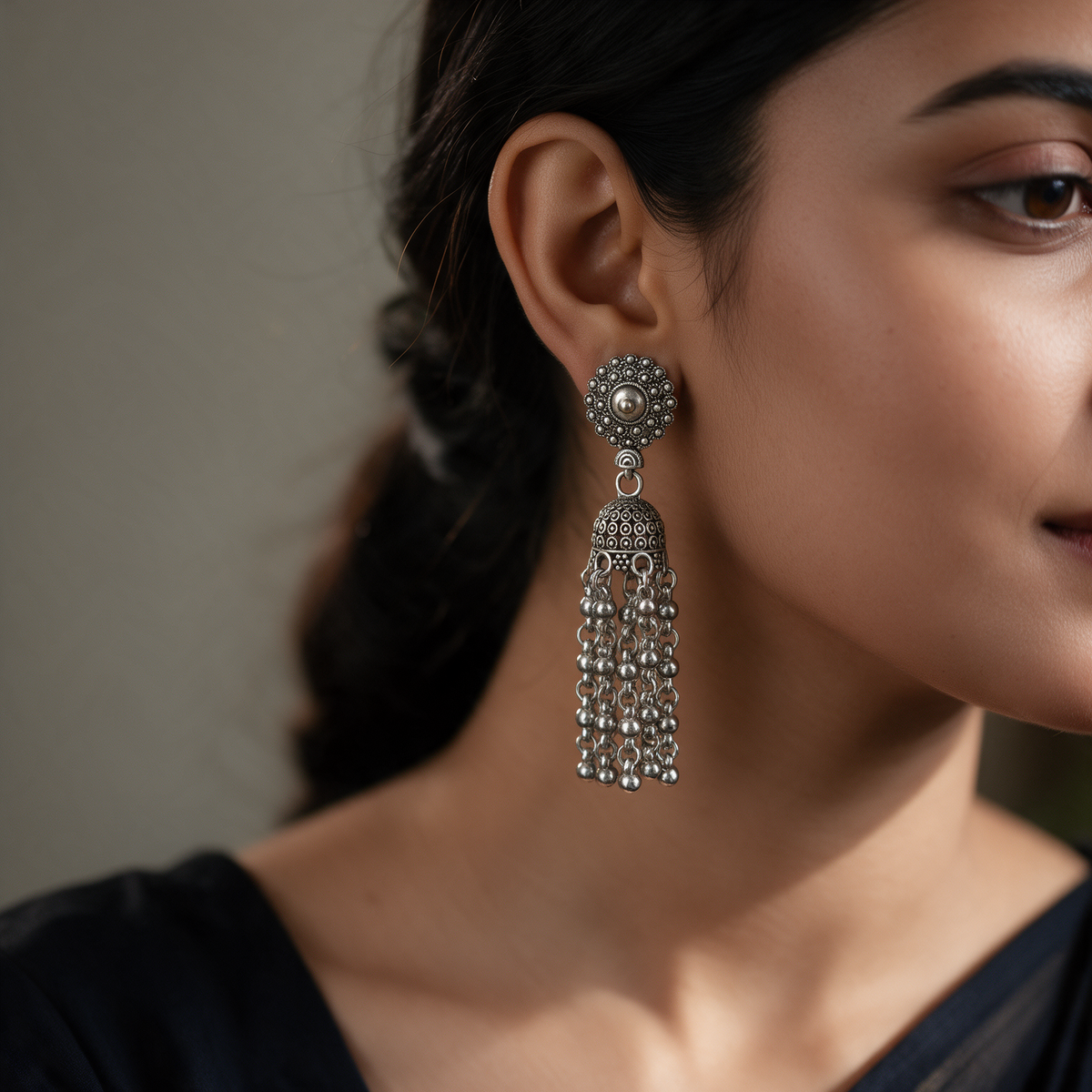 Oxidised Silver Ghungroo Tassel Earrings