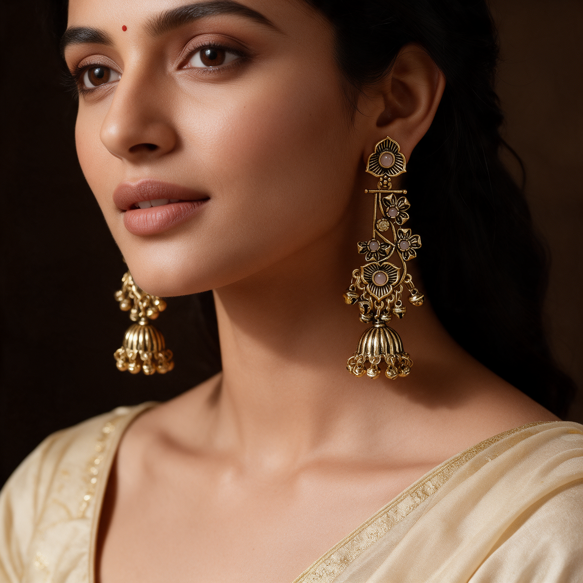 Antique Gold Floral Jhumka Earrings