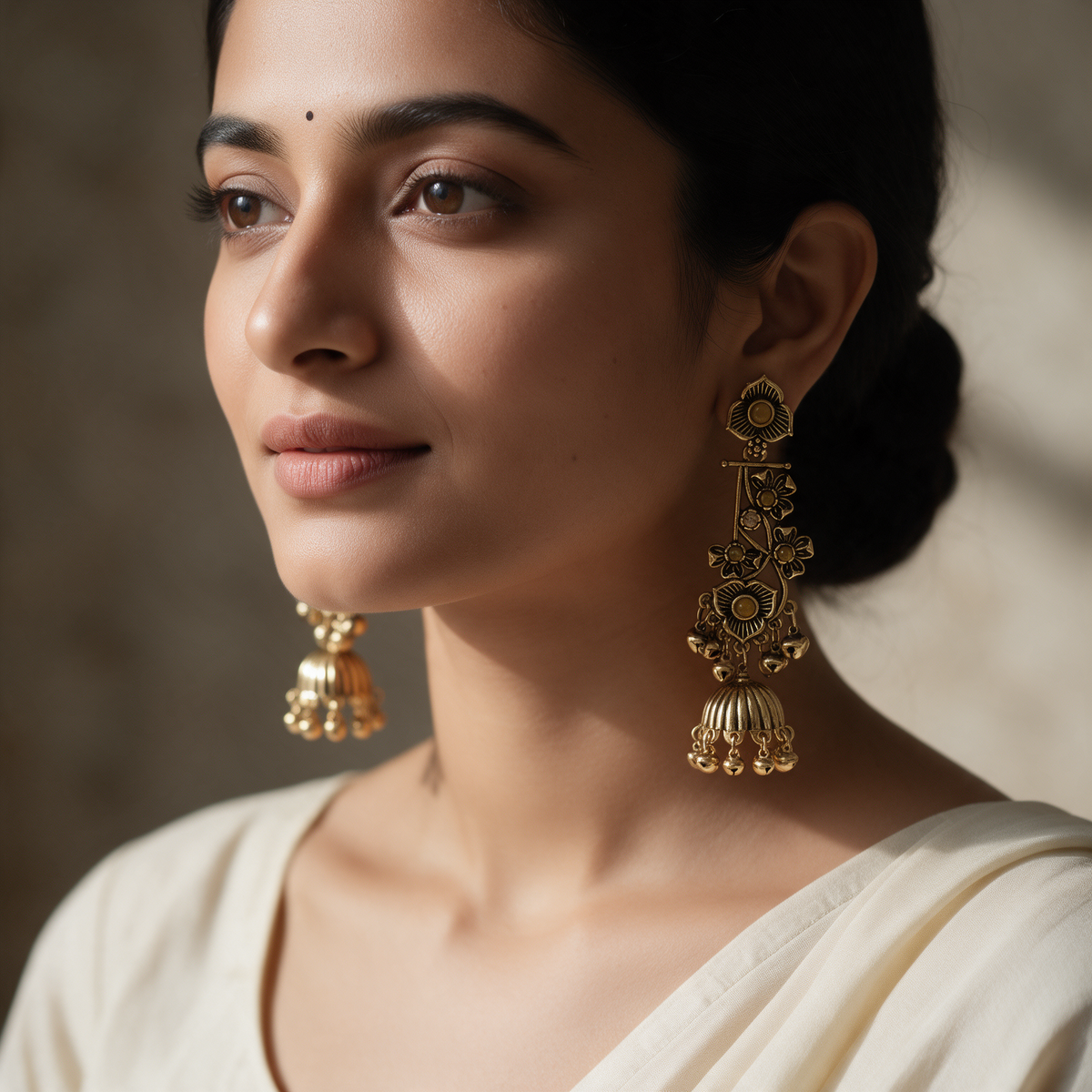 Antique Gold Floral Jhumka Earrings
