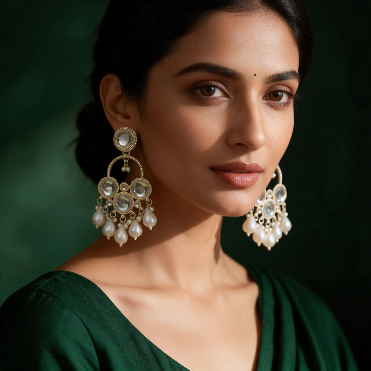White Pearl Kundan Chandbali Earrings