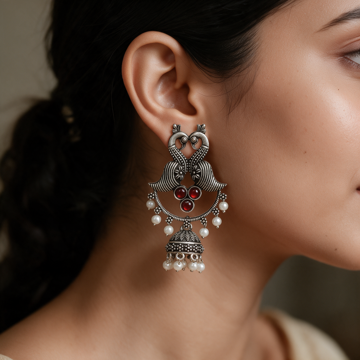 Silver Peacock Jhumka Earrings