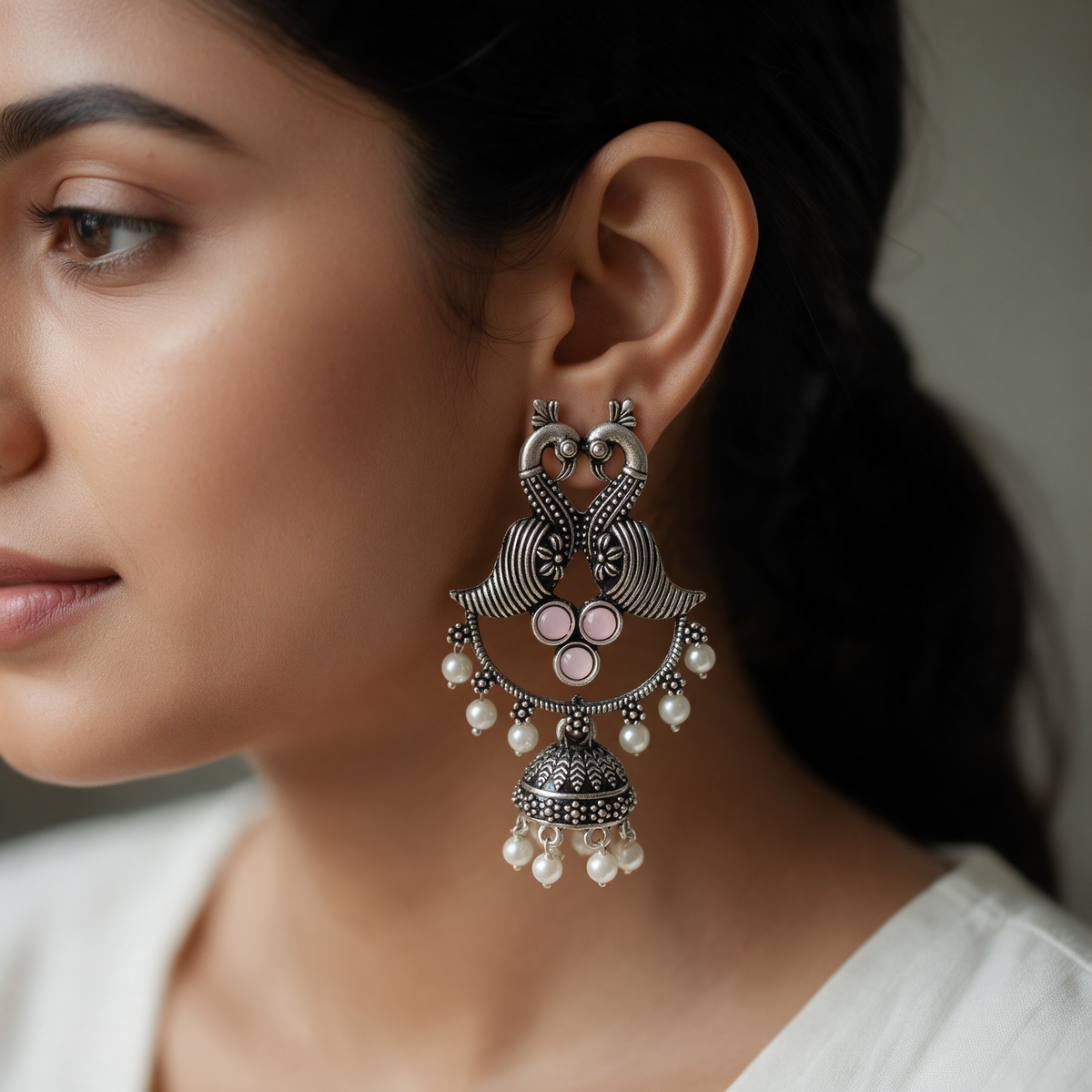 Silver Peacock Jhumka Earrings