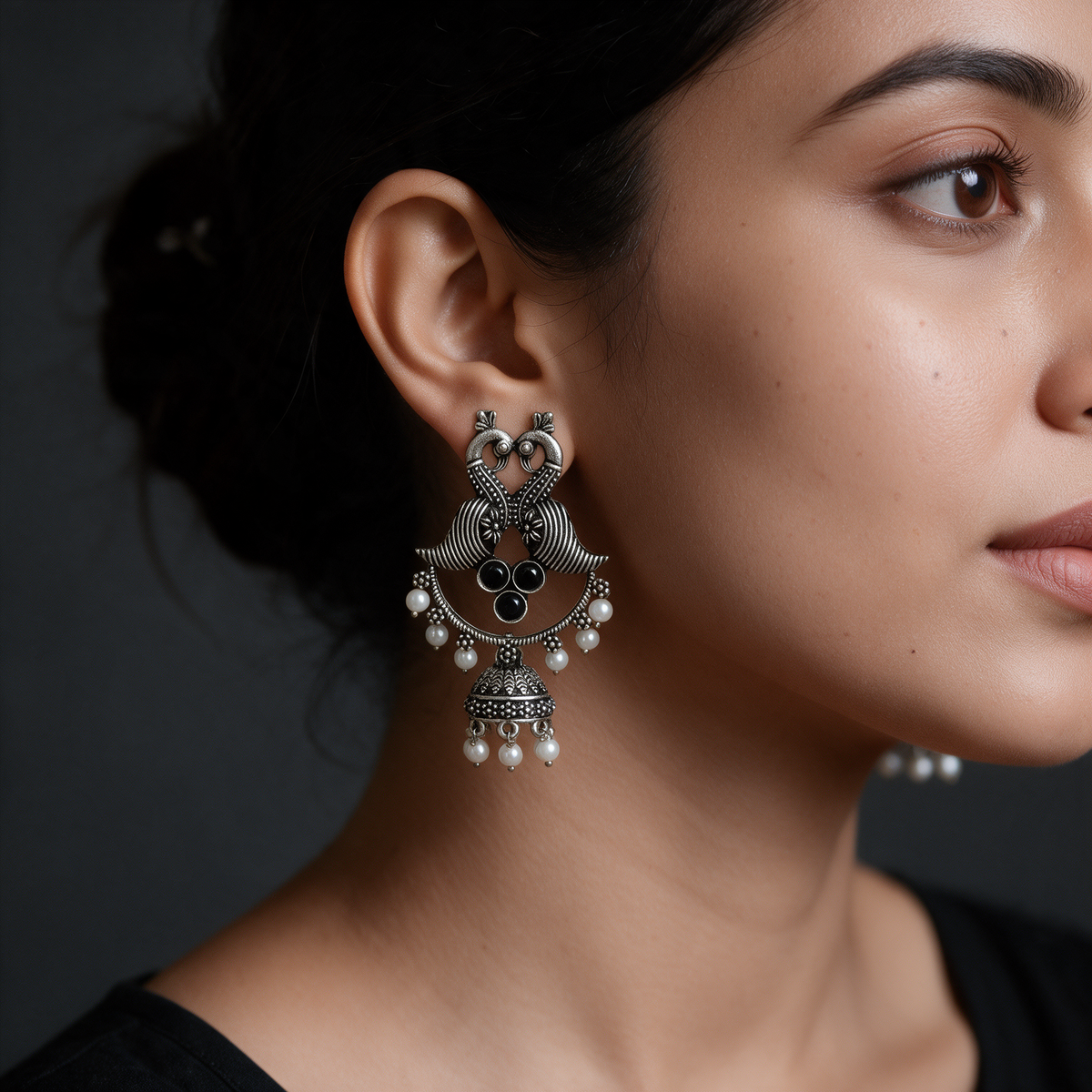 Silver Peacock Jhumka Earrings