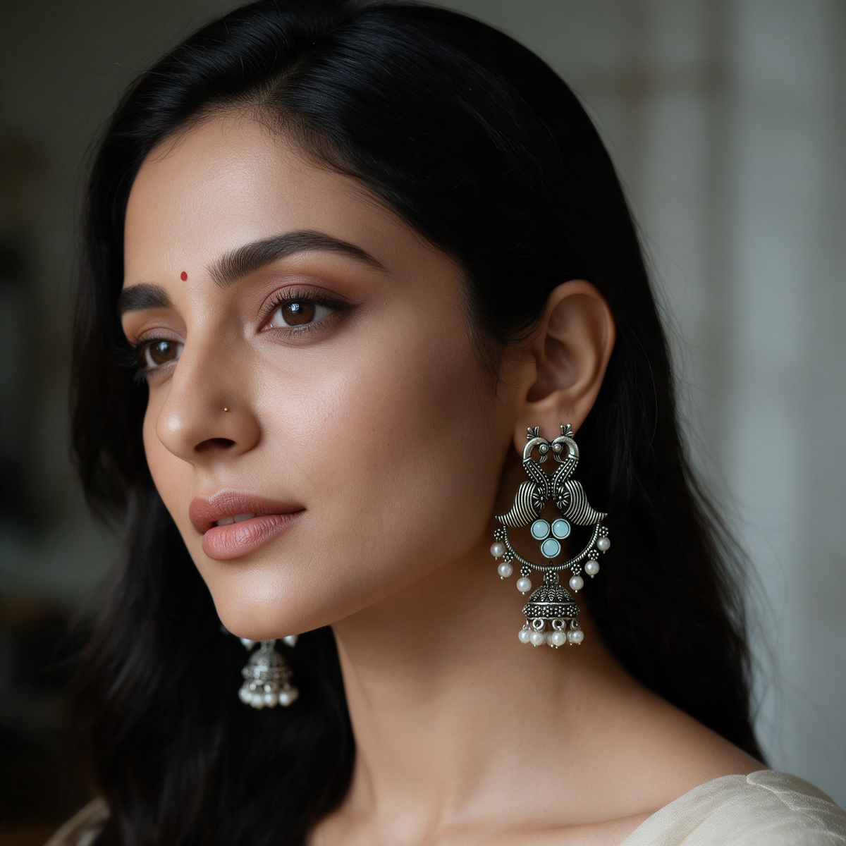 Silver Peacock Jhumka Earrings