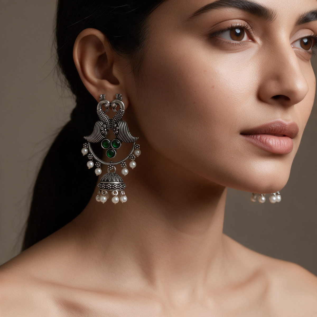 Silver Peacock Jhumka Earrings