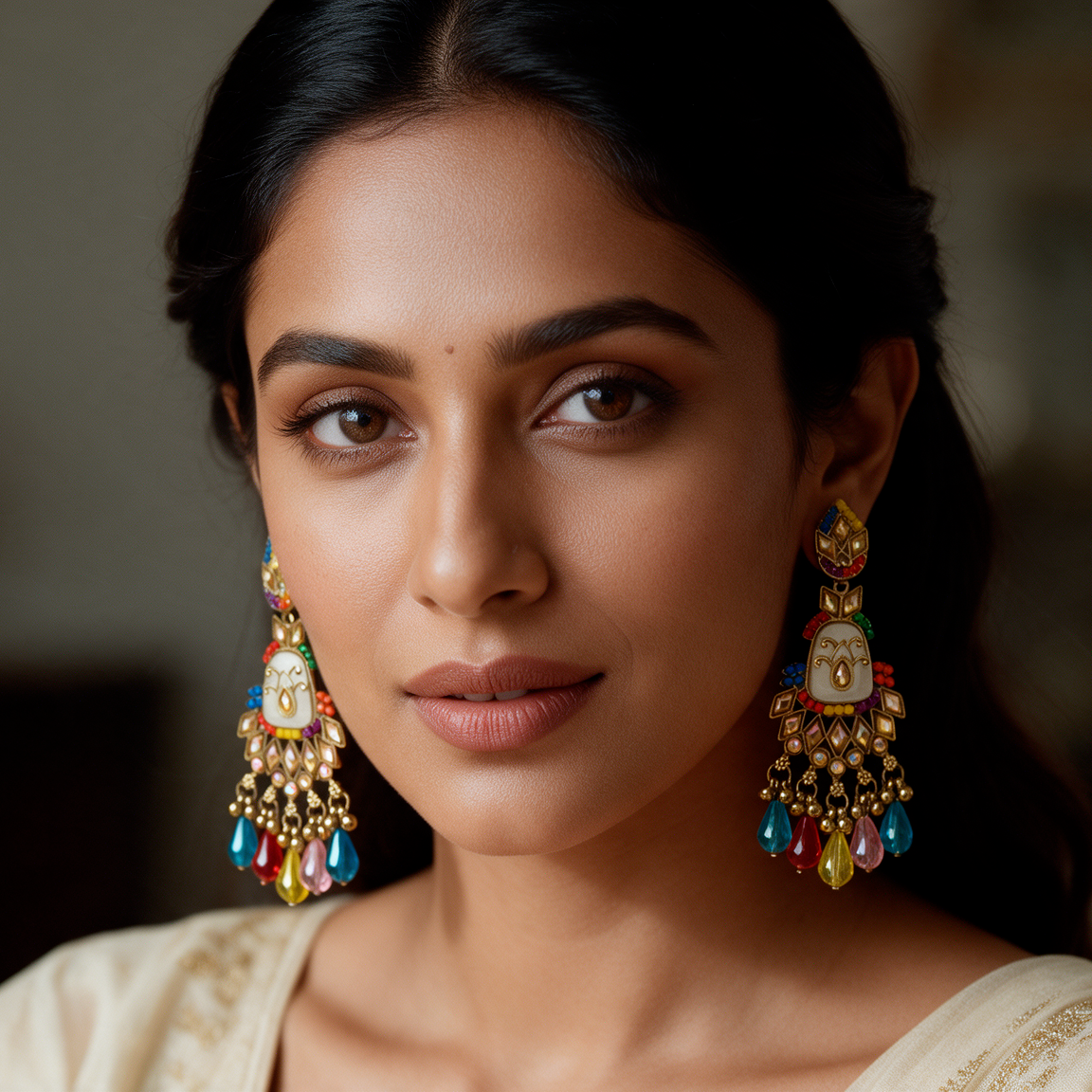 Multicolor Kundan Drop Statement Earrings