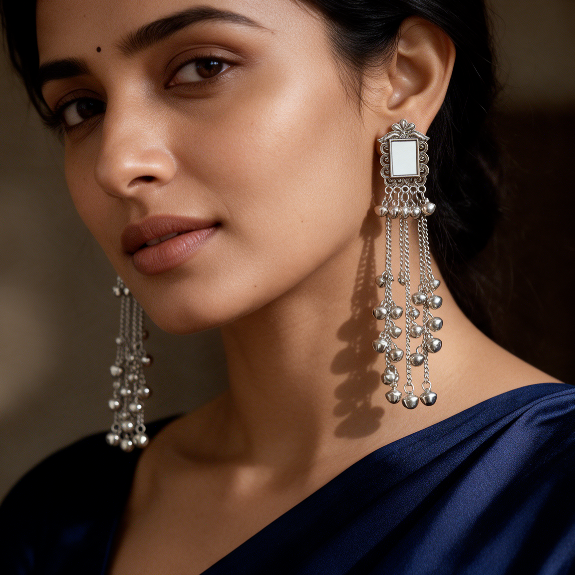 Kashmiri Silver Mirror Ghungroo Tassel Earrings