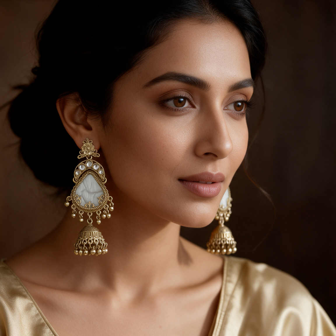 White Stone Gold Chandbali Earrings
