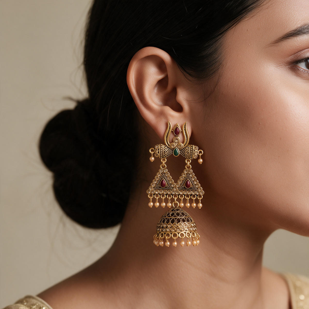 Gold Plated Kundan Jhumka Earrings with Pearl Drops