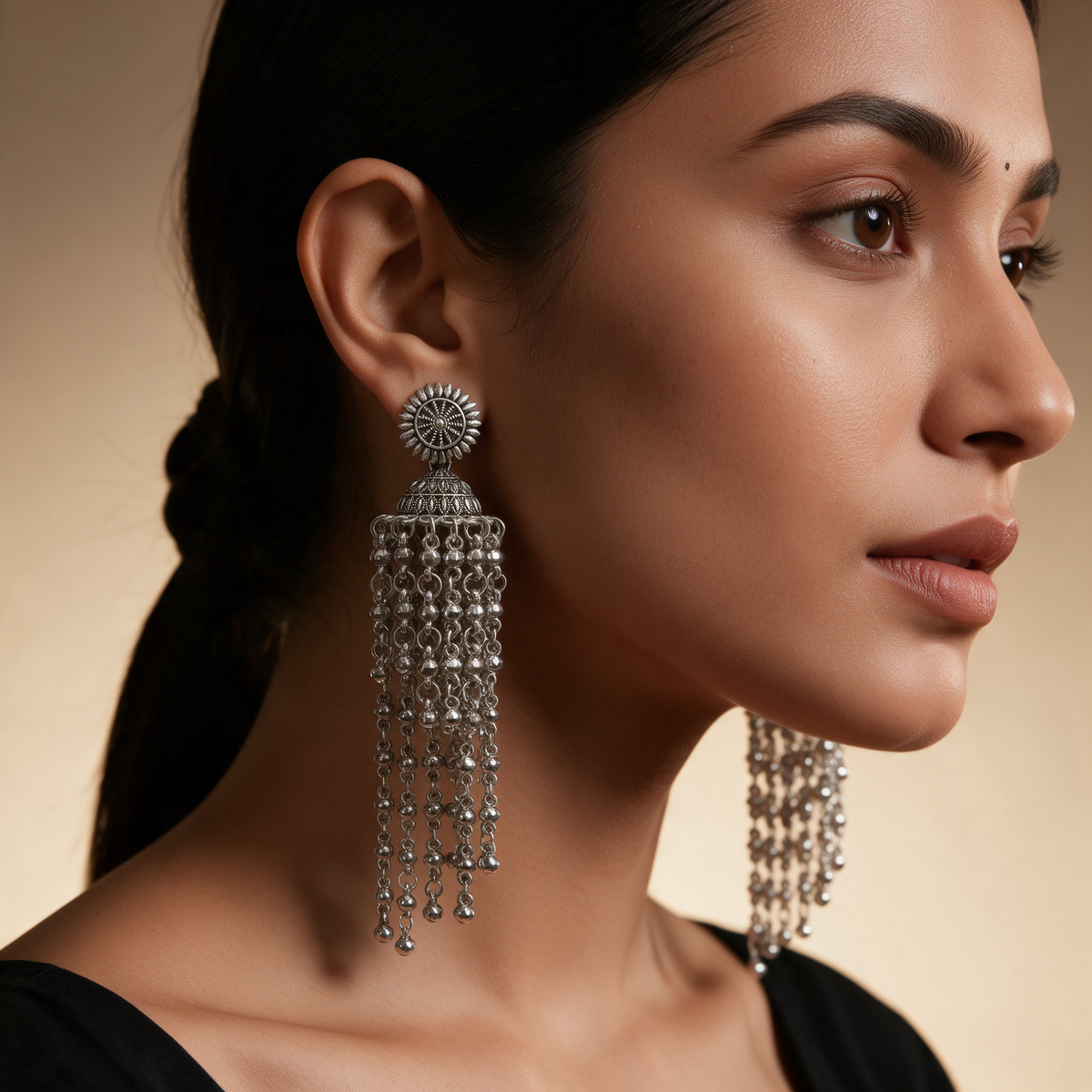Oxidised Silver Long Jhumka Earrings with Chain Drops