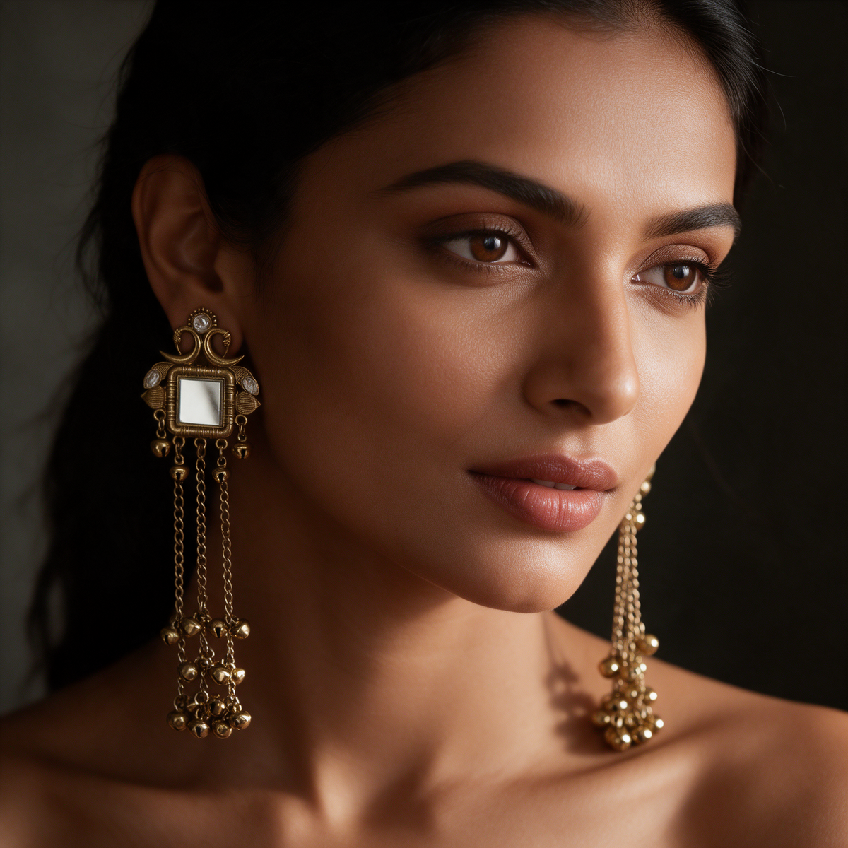 Gold Plated Mirror Stone Long Chain Jhumka Earrings
