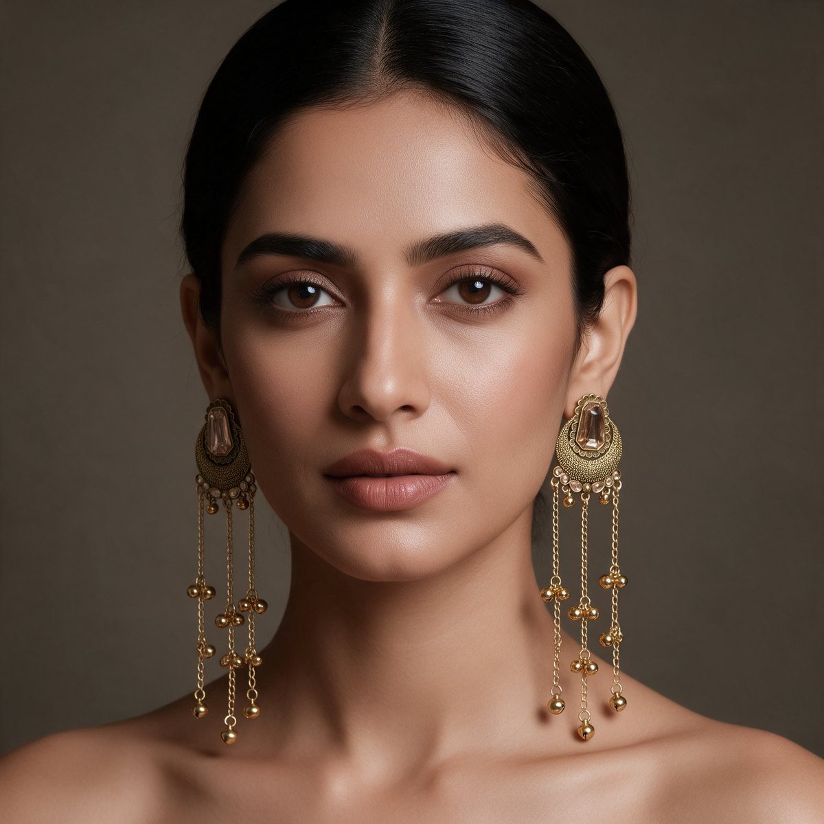 Gold Plated Stone Stud Long Chain Drop Earrings