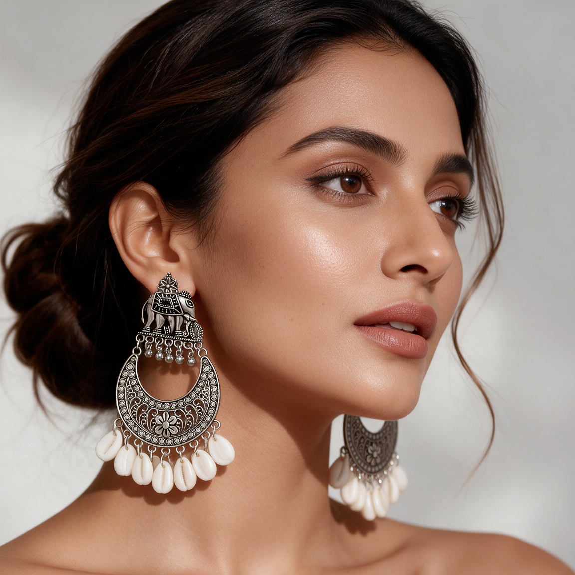 Oxidised Silver Elephant Chandbali Shell Earrings