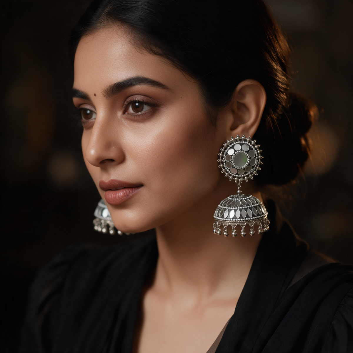 Oxidised Silver Mirror Jhumka Earrings