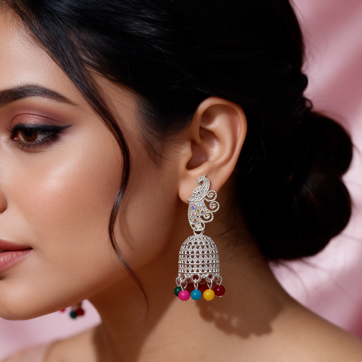 Multicolor Peacock Silver Jhumka Earrings