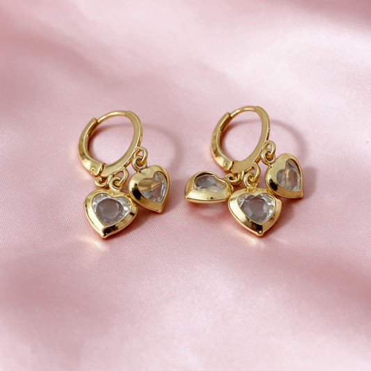Golden Crystal Heart Charm Hoop Earrings