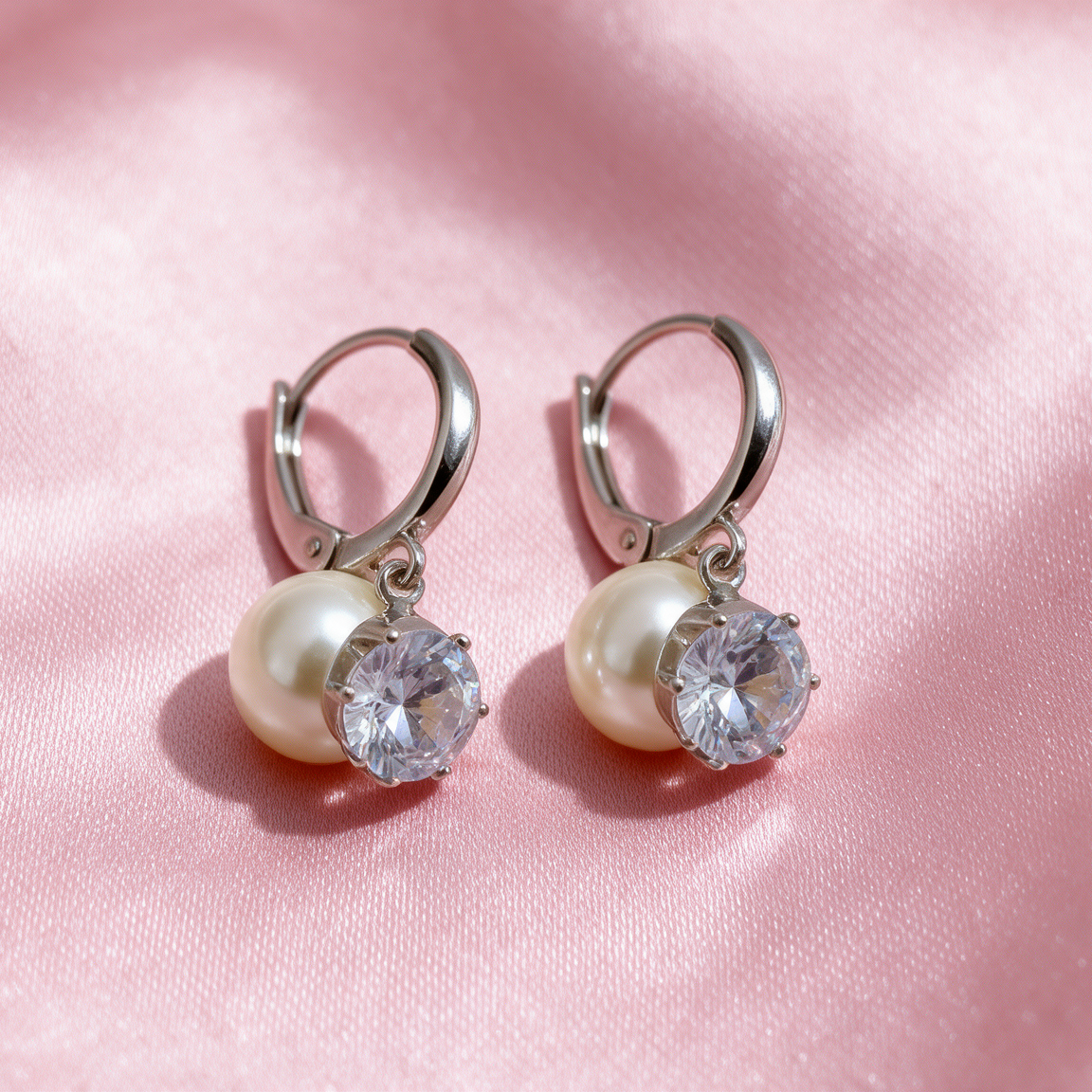 Silver Pearl & Crystal Charm Hoop Earrings
