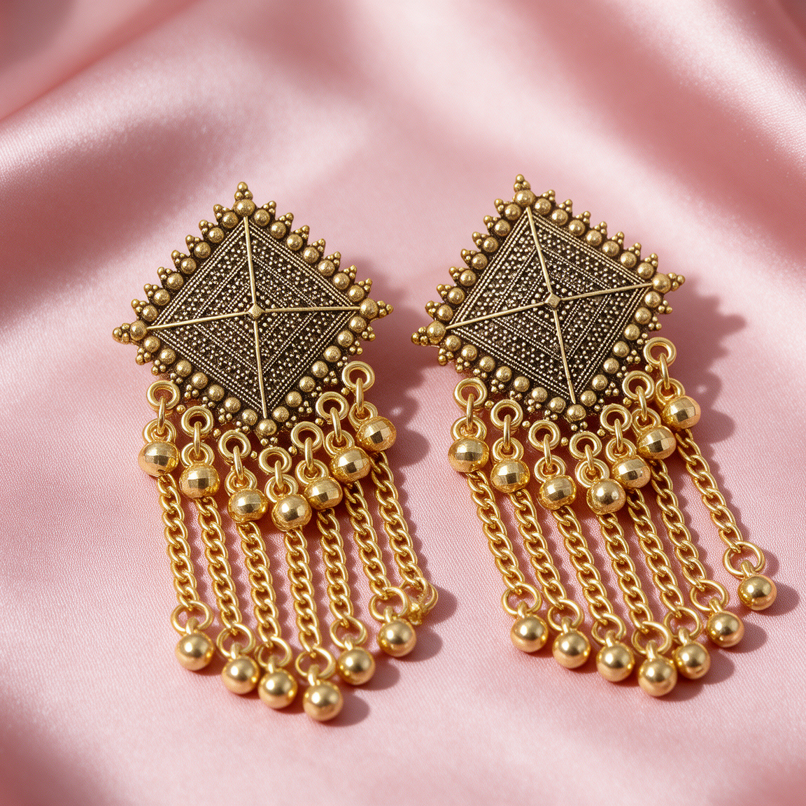 Antique Gold Geometric Tassel Earrings