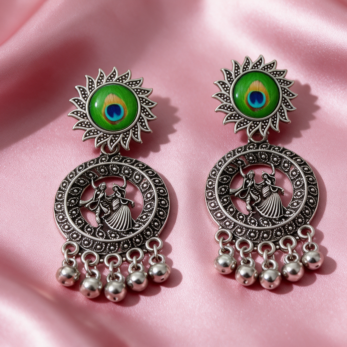 Oxidised Silver Peacock Motif Jhumka Earrings