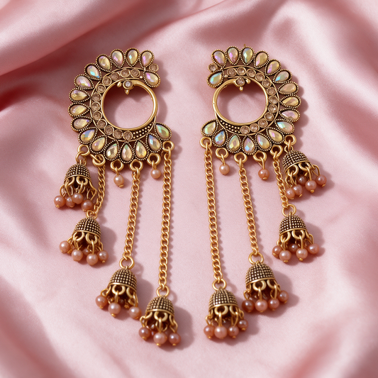 Antique Gold Chandbali Jhumka Tassel Earrings