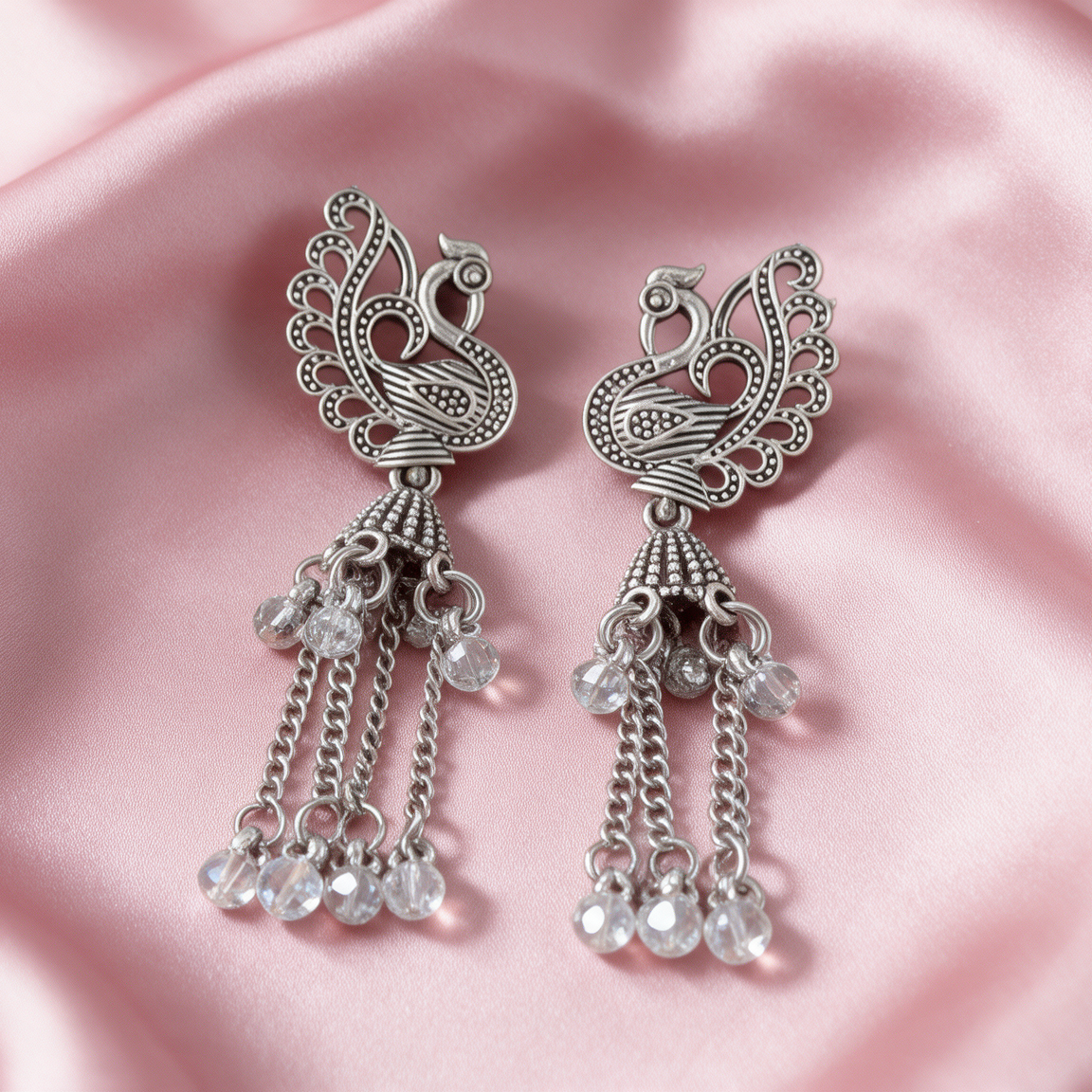 Oxidised Silver Peacock Chain Tassel Earrings