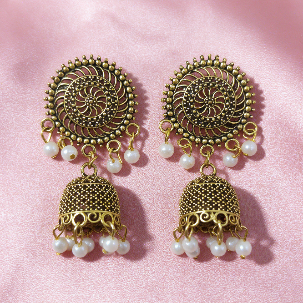 Antique Gold Pearl Jhumka Earrings