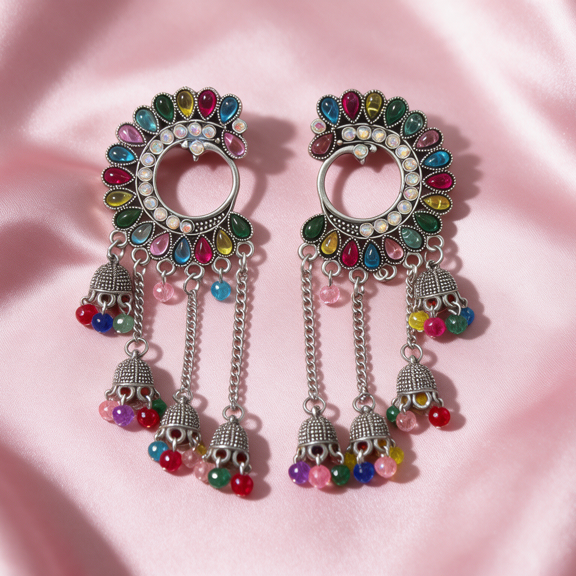 Multicolor Oxidised Silver Chain Jhumka Earrings