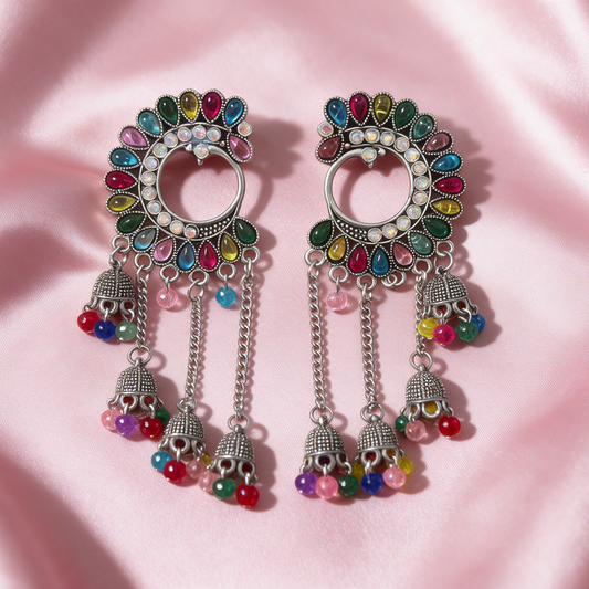 Multicolor Oxidised Silver Chain Jhumka Earrings