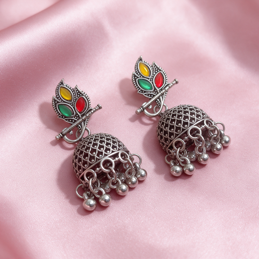 Multicolor Oxidised Silver Peacock Jhumka Earrings