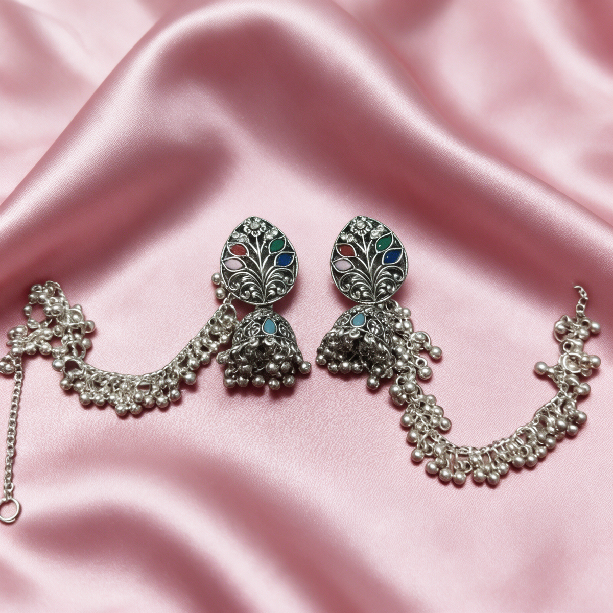 Oxidised Silver Multicolor Jhumka Earrings with Chain