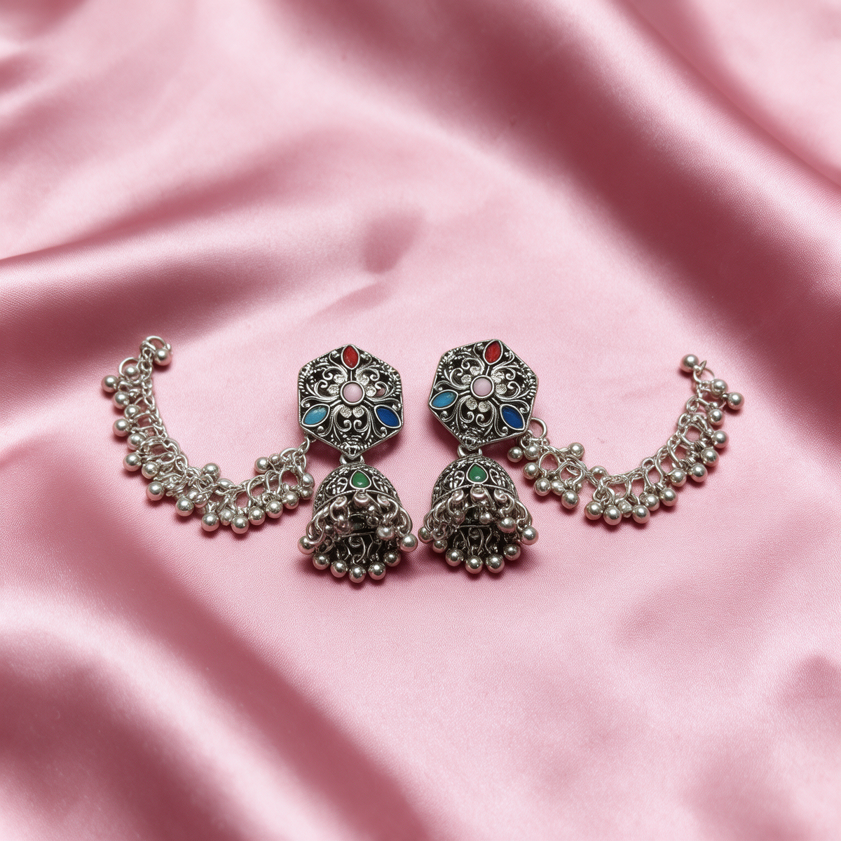 Oxidised Silver Multicolor Jhumka Earrings with Chain