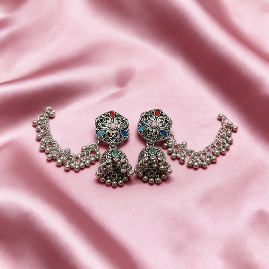 Oxidised Silver Multicolor Jhumka Earrings with Chain