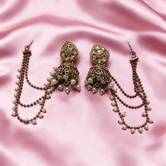 Antique Gold Kundan Pearl Jhumka Earrings with Chain