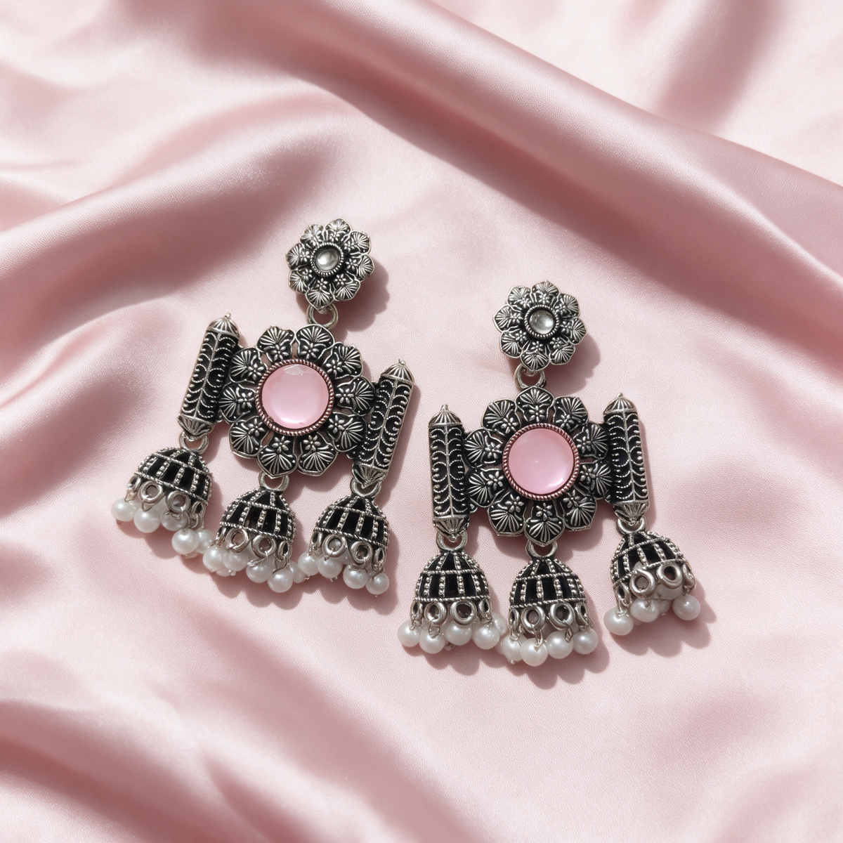 Oxidised Silver Floral Jhumka Earrings