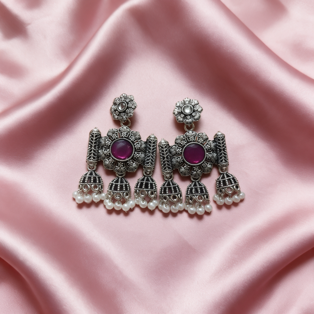 Oxidised Silver Floral Jhumka Earrings