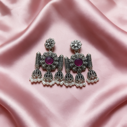 Oxidised Silver Floral Jhumka Earrings