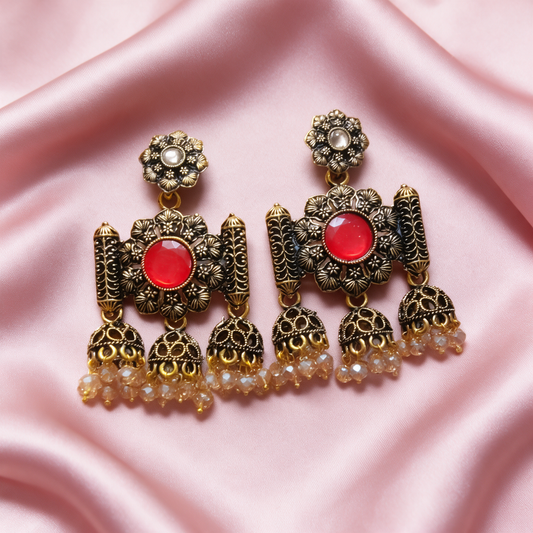 Oxidised Gold Floral Jhumka Earrings