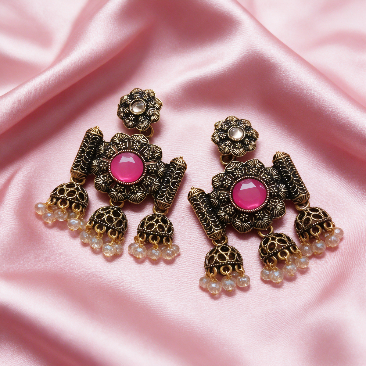 Oxidised Gold Floral Jhumka Earrings