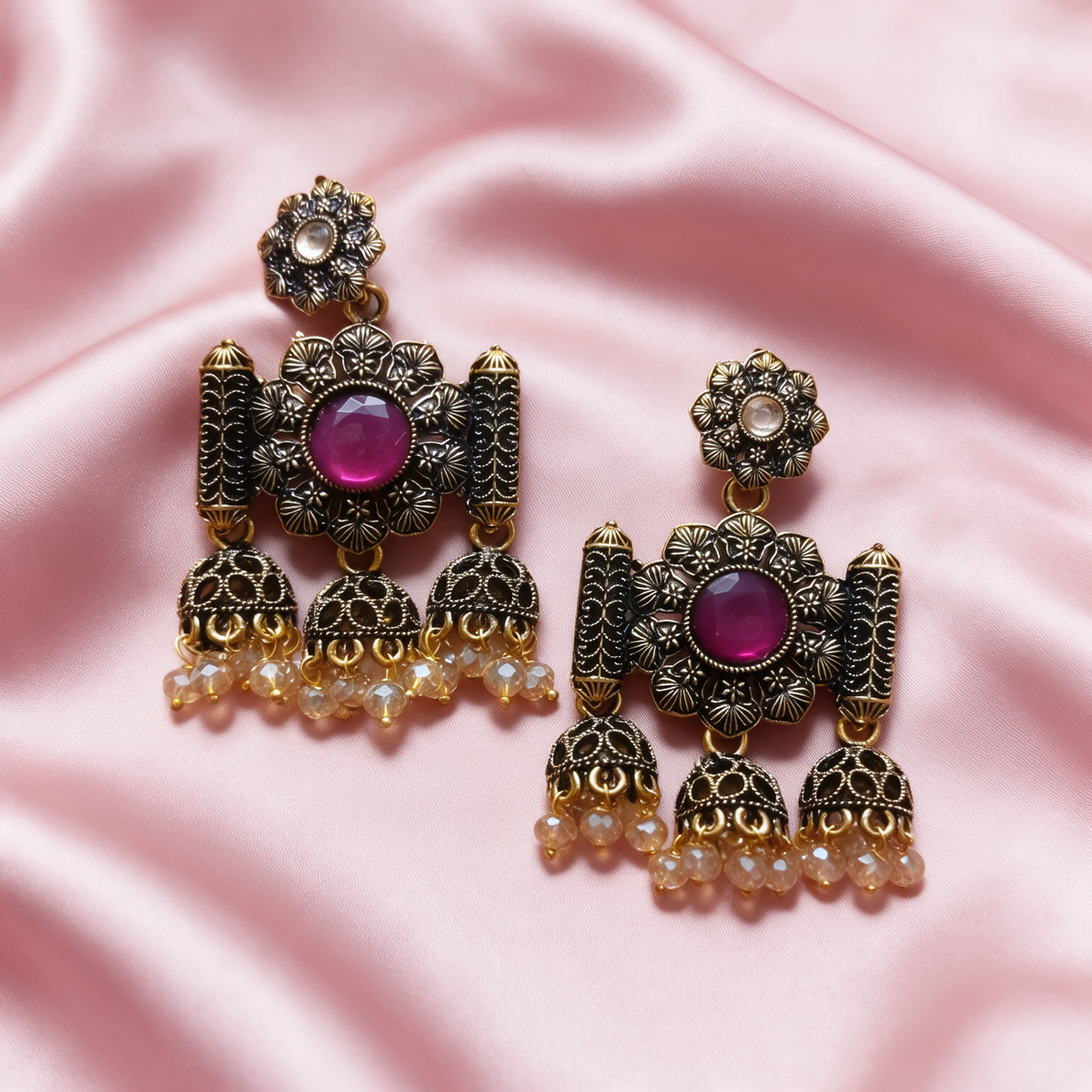 Oxidised Gold Floral Jhumka Earrings