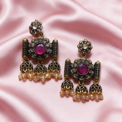 Oxidised Gold Floral Jhumka Earrings
