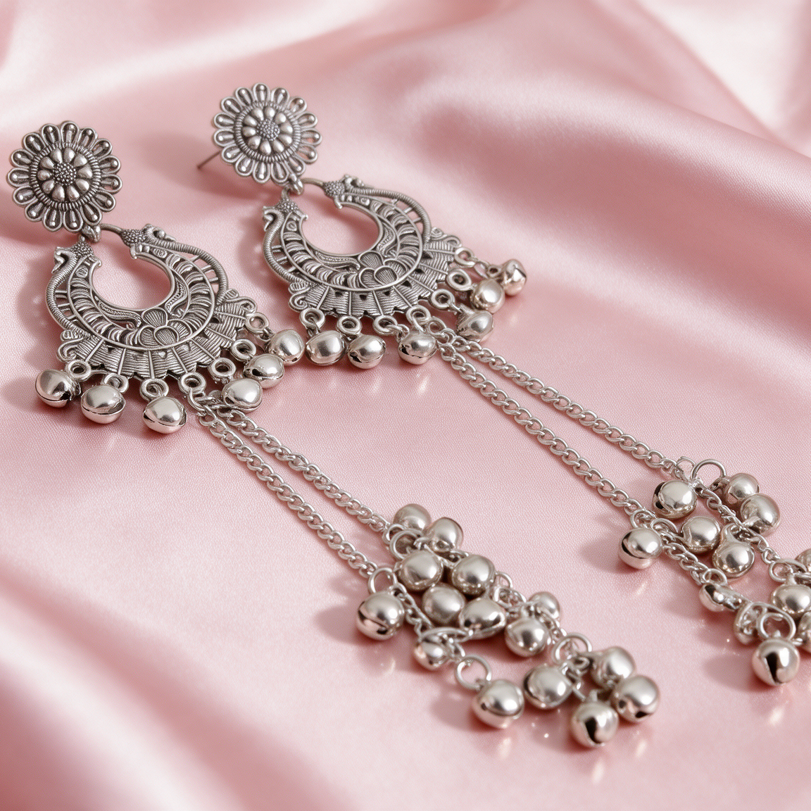 Oxidised Silver Chandbali Earrings with Ghungroo Chain Tassels
