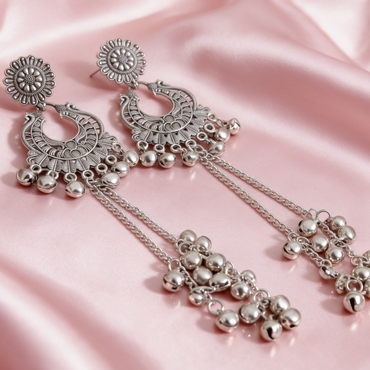 Oxidised Silver Chandbali Earrings with Ghungroo Chain Tassels