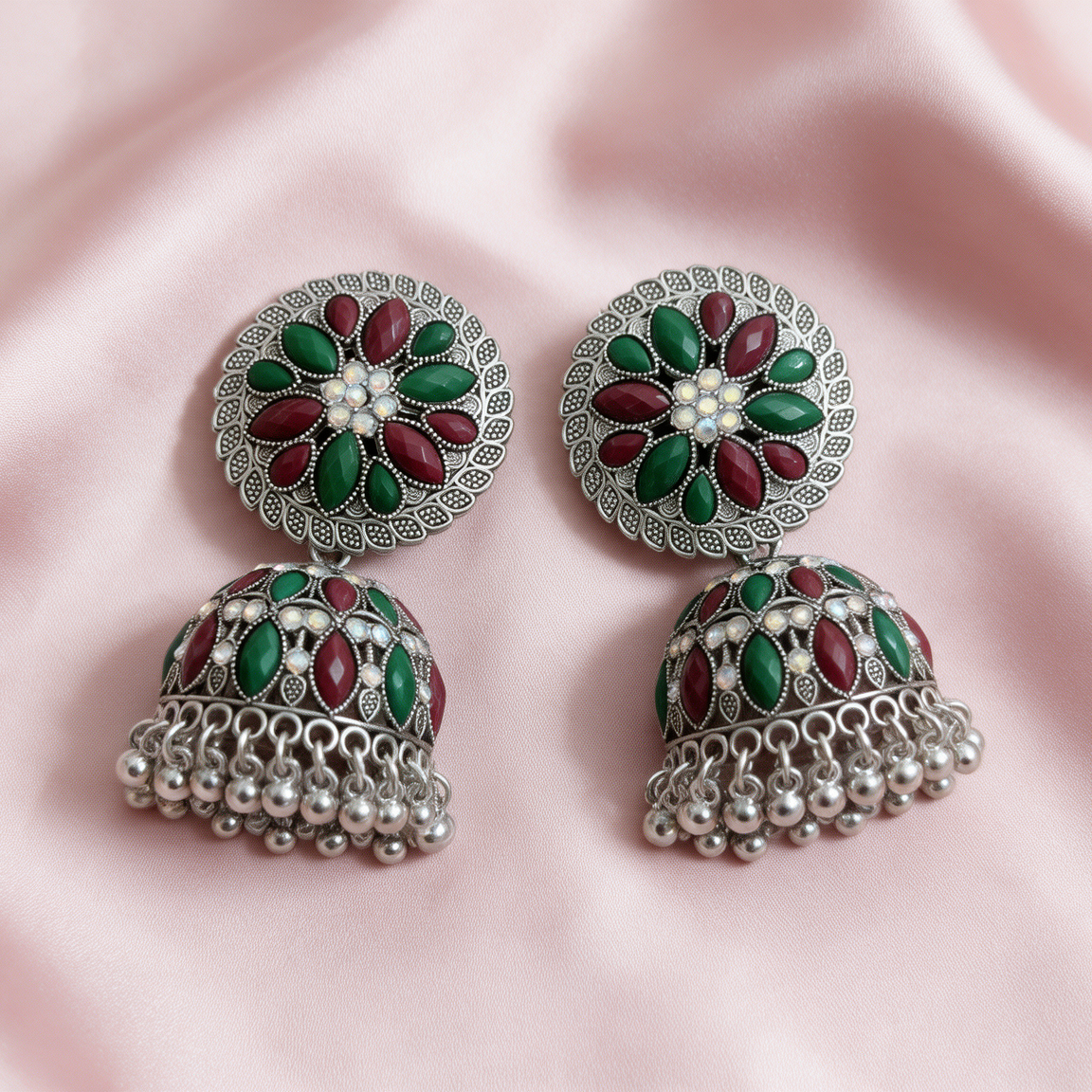 Oxidised Silver Multicolour Floral Jhumka Earrings