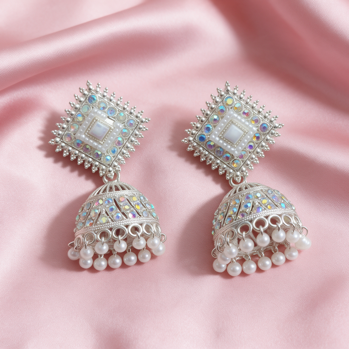 Silver Mirror Work Pearl Jhumka Earrings