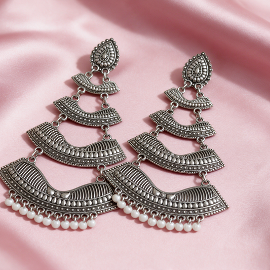 Oxidised Silver Layered Pearl Drop Earrings