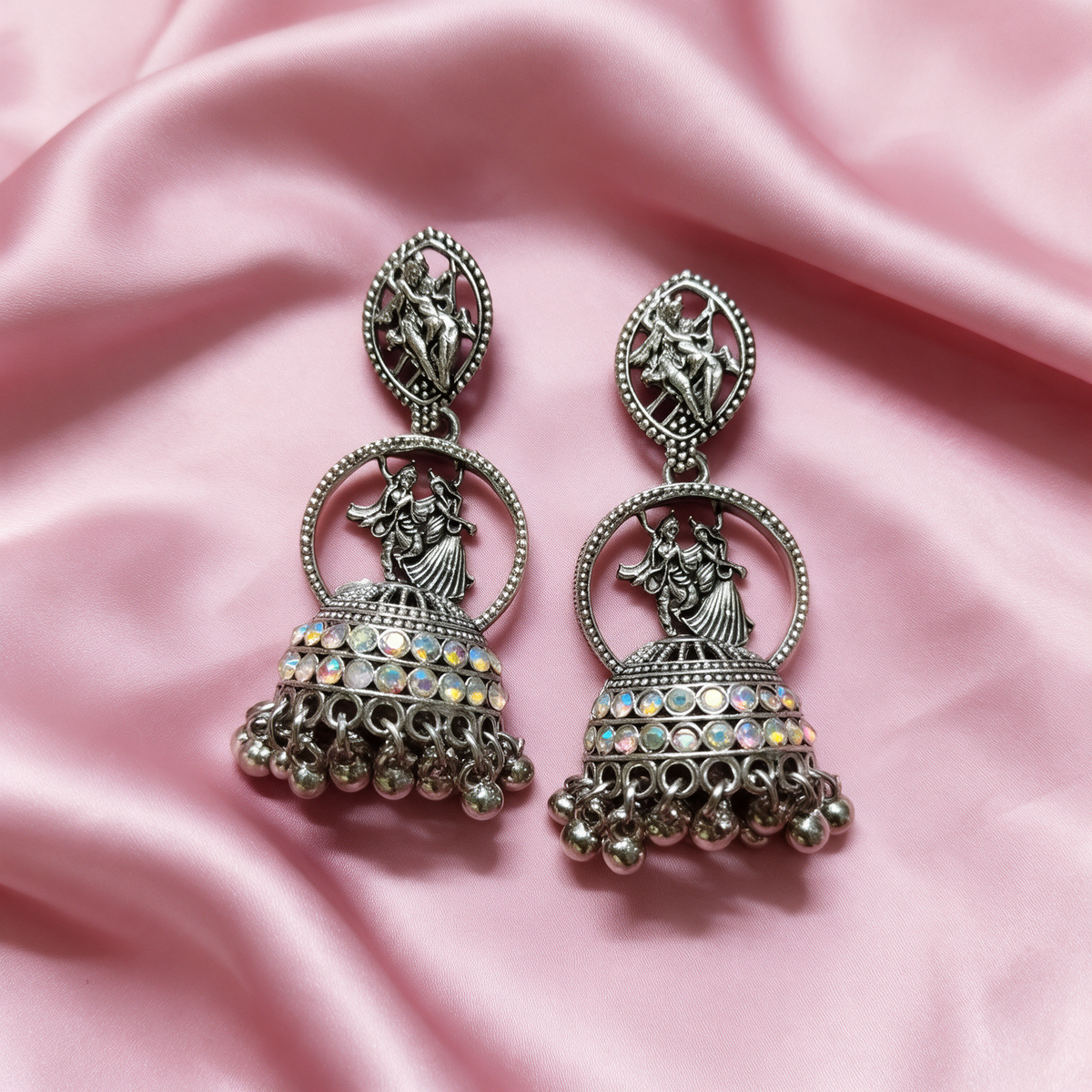 Radha Krishna Oxidised Silver Jhumka Earrings