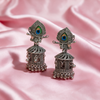 Peacock Feather Oxidised Silver Jhumka Earrings