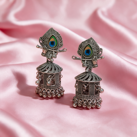 Peacock Feather Oxidised Silver Jhumka Earrings
