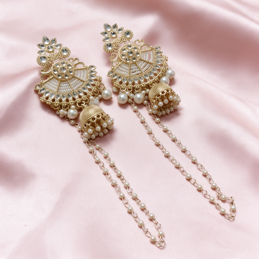 Pearl Kundan Chandbali Jhumka Earrings