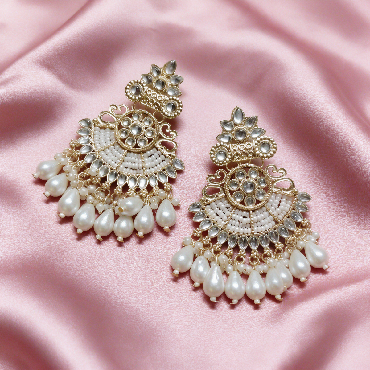 Pearl Kundan Chandbali Earrings
